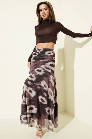 Bel Büzgülü Desenli Tul Etek Kahve - Kadın Giyim Modelleri