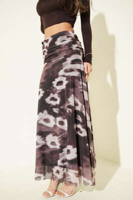 Bel Büzgülü Desenli Tul Etek Kahve - Kadın Giyim Modelleri