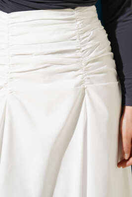 Bel Büzgülü Fermuarlı Etek Ekru - Uzun Etek