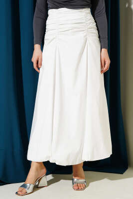 Bel Büzgülü Fermuarlı Etek Ekru - Uzun Etek
