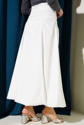 Bel Büzgülü Fermuarlı Etek Ekru - Uzun Etek