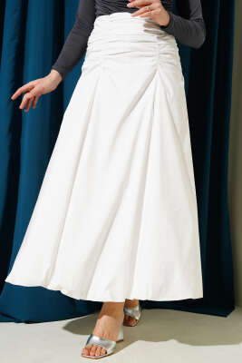 Bel Büzgülü Fermuarlı Etek Ekru 