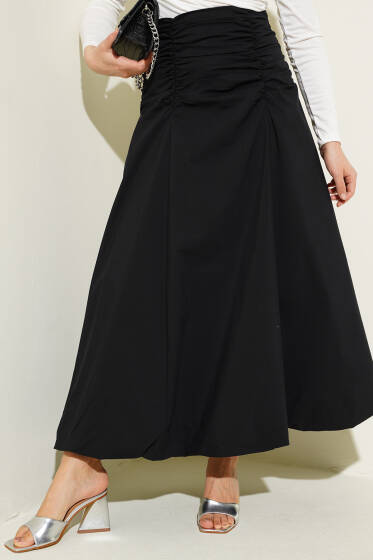 Bel Büzgülü Fermuarlı Etek Siyah - Etek