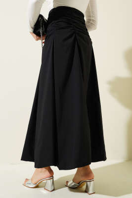 Bel Büzgülü Fermuarlı Etek Siyah - Uzun Etek