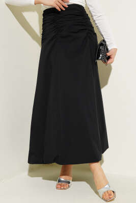 Bel Büzgülü Fermuarlı Etek Siyah - Uzun Etek