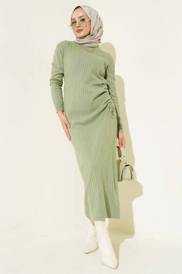 Bel Büzgülü Fitilli Triko Elbise Çağla Yeşili - Elbise
