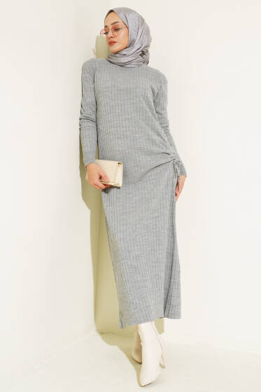 Bel Büzgülü Fitilli Triko Elbise Gri - Elbise