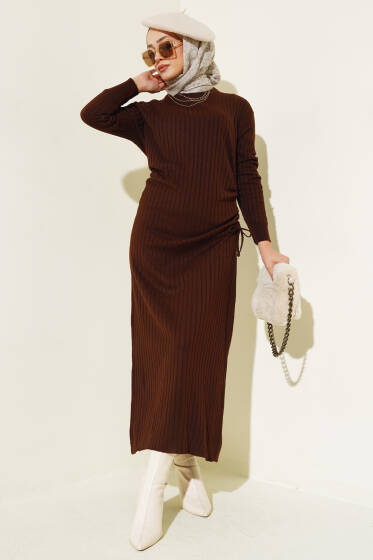 Bel Büzgülü Fitilli Triko Elbise Kahve - Elbise