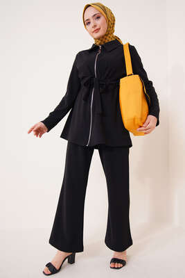 Bel Büzgülü Hırkalı İkili Takım Siyah 