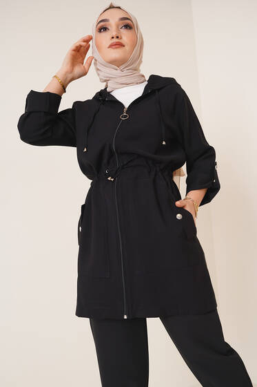 Bel Büzgülü Kapüşonlu Hırka Siyah - Hırka