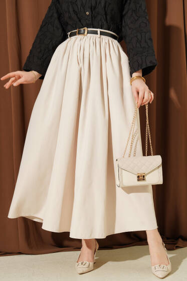 Bel Büzgülü Kemerli Cepli Etek Bej - Etek