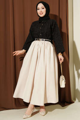 Bel Büzgülü Kemerli Cepli Etek Bej - Etek