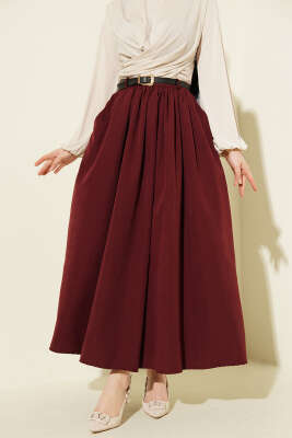 Bel Büzgülü Kemerli Cepli Etek Bordo - SAS
