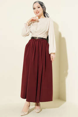 Bel Büzgülü Kemerli Cepli Etek Bordo - Etek