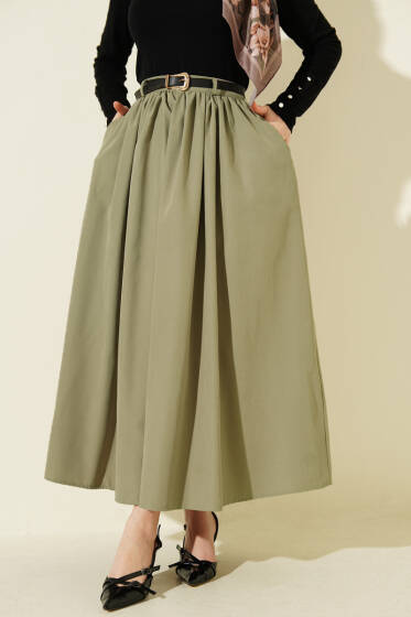 Bel Büzgülü Kemerli Cepli Etek Çağla Yeşili - Etek