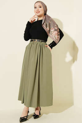 Bel Büzgülü Kemerli Cepli Etek Çağla Yeşili - Etek