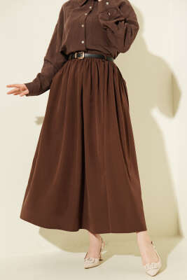 Bel Büzgülü Kemerli Cepli Etek Kahve - SAS