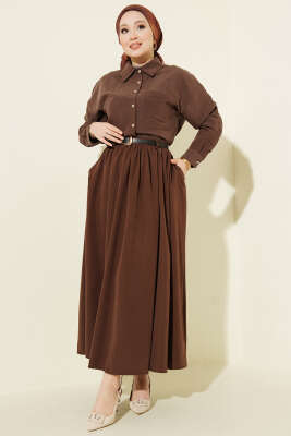 Bel Büzgülü Kemerli Cepli Etek Kahve - Etek