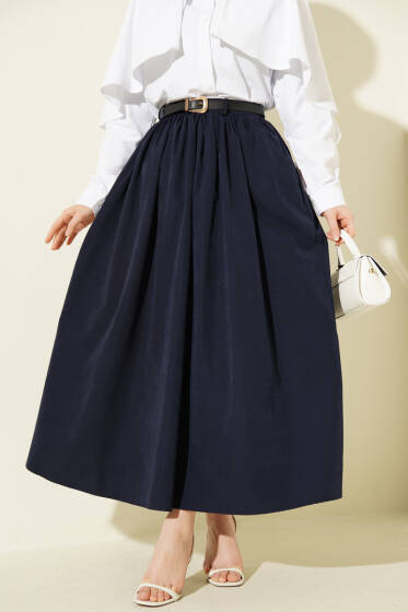 Bel Büzgülü Kemerli Cepli Etek Lacivert - Etek