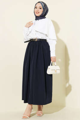 Bel Büzgülü Kemerli Cepli Etek Lacivert - Etek