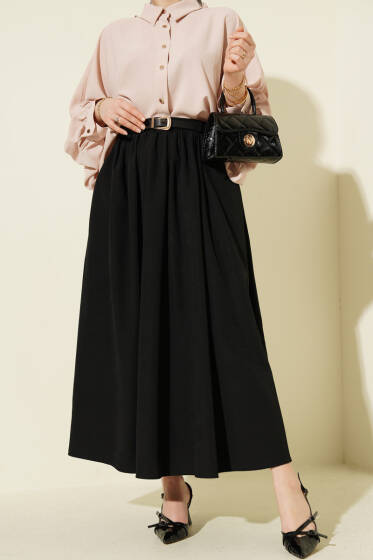  Bel Büzgülü Kemerli Cepli Etek Siyah - Etek