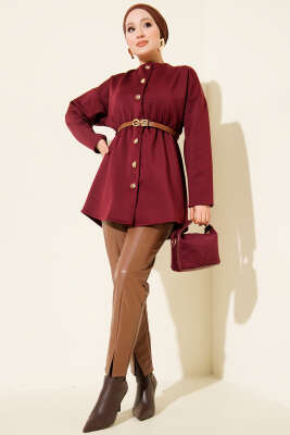 Bel Büzgülü Kemerli Scuba Ceket Bordo - Ceket