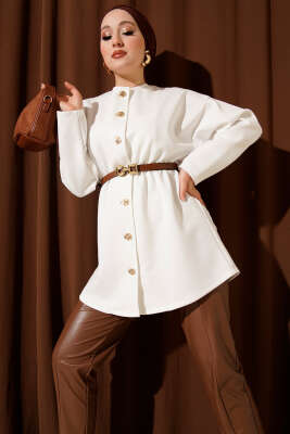 Bel Büzgülü Kemerli Scuba Ceket Ekru - TABLO FASHİON