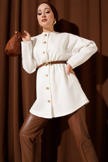 Bel Büzgülü Kemerli Scuba Ceket Ekru - Ceket