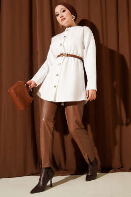 Bel Büzgülü Kemerli Scuba Ceket Ekru - Ceket