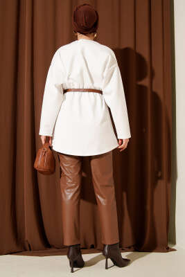 Bel Büzgülü Kemerli Scuba Ceket Ekru - Ceket