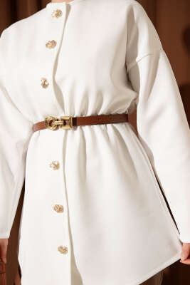 Bel Büzgülü Kemerli Scuba Ceket Ekru - Ceket