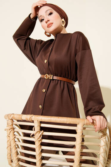 Bel Büzgülü Kemerli Scuba Ceket Kahve - Ceket