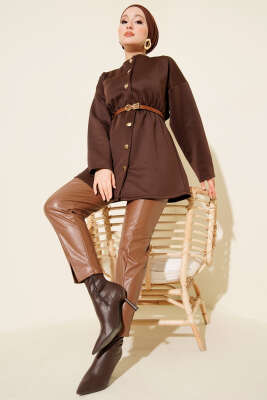 Bel Büzgülü Kemerli Scuba Ceket Kahve - Ceket