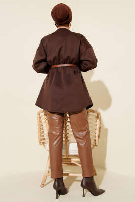 Bel Büzgülü Kemerli Scuba Ceket Kahve - Ceket