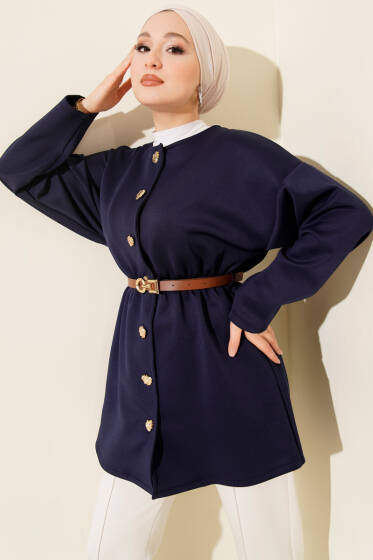 Bel Büzgülü Kemerli Scuba Ceket Lacivert - Ceket