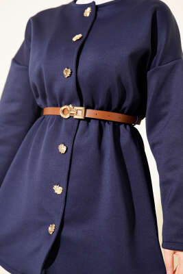 Bel Büzgülü Kemerli Scuba Ceket Lacivert - Ceket