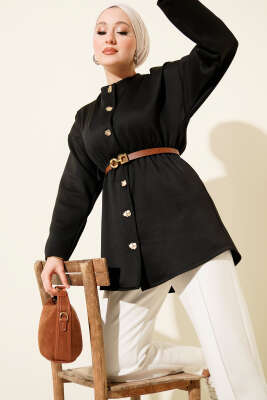 Bel Büzgülü Kemerli Scuba Ceket Siyah - TABLO FASHİON