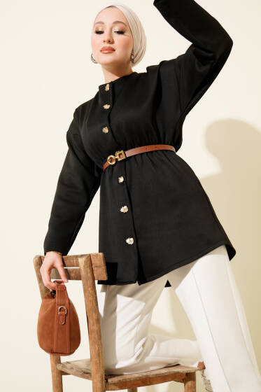 Bel Büzgülü Kemerli Scuba Ceket Siyah - Ceket