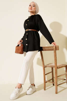 Bel Büzgülü Kemerli Scuba Ceket Siyah - Ceket