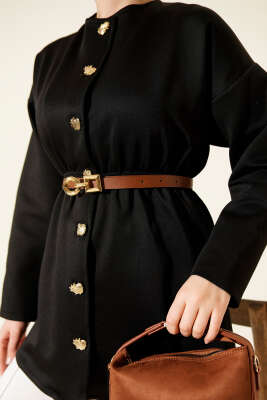 Bel Büzgülü Kemerli Scuba Ceket Siyah - Ceket