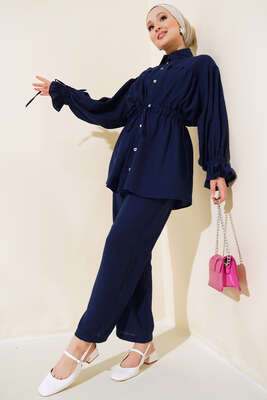 Bel Büzgülü Keten İkili Takım Lacivert 