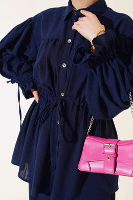 Bel Büzgülü Keten İkili Takım Lacivert - İKİLİ TAKIM