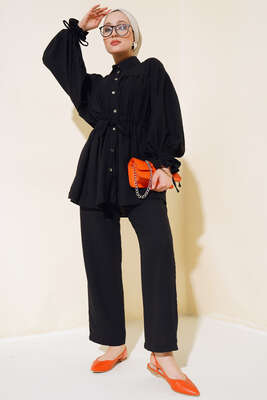 Bel Büzgülü Keten İkili Takım Siyah 