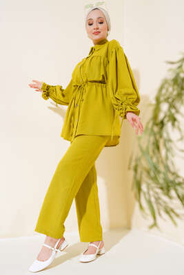 Bel Büzgülü Keten İkili Takım Yağ Yeşili - İKİLİ TAKIM