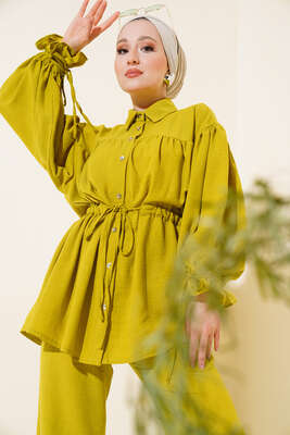 Bel Büzgülü Keten İkili Takım Yağ Yeşili - İKİLİ TAKIM