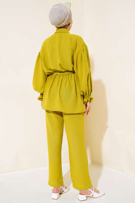 Bel Büzgülü Keten İkili Takım Yağ Yeşili - İKİLİ TAKIM
