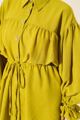 Bel Büzgülü Keten İkili Takım Yağ Yeşili - İKİLİ TAKIM