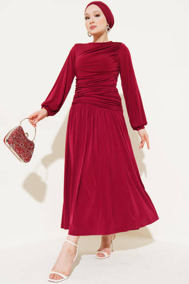 Bel Büzgülü Sandy Elbise Bordo - Elbise