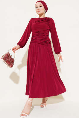 Bel Büzgülü Sandy Elbise Bordo 