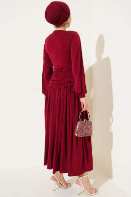 Bel Büzgülü Sandy Elbise Bordo - Tesettür Elbise